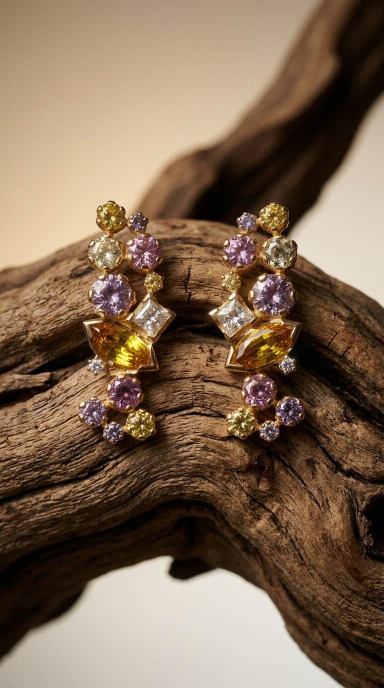 AI product shot of The Mananasi Solar Cluster: One-of-a-Kind 18k Gold, Rare Sapphire & Ocean Diamond Earrings