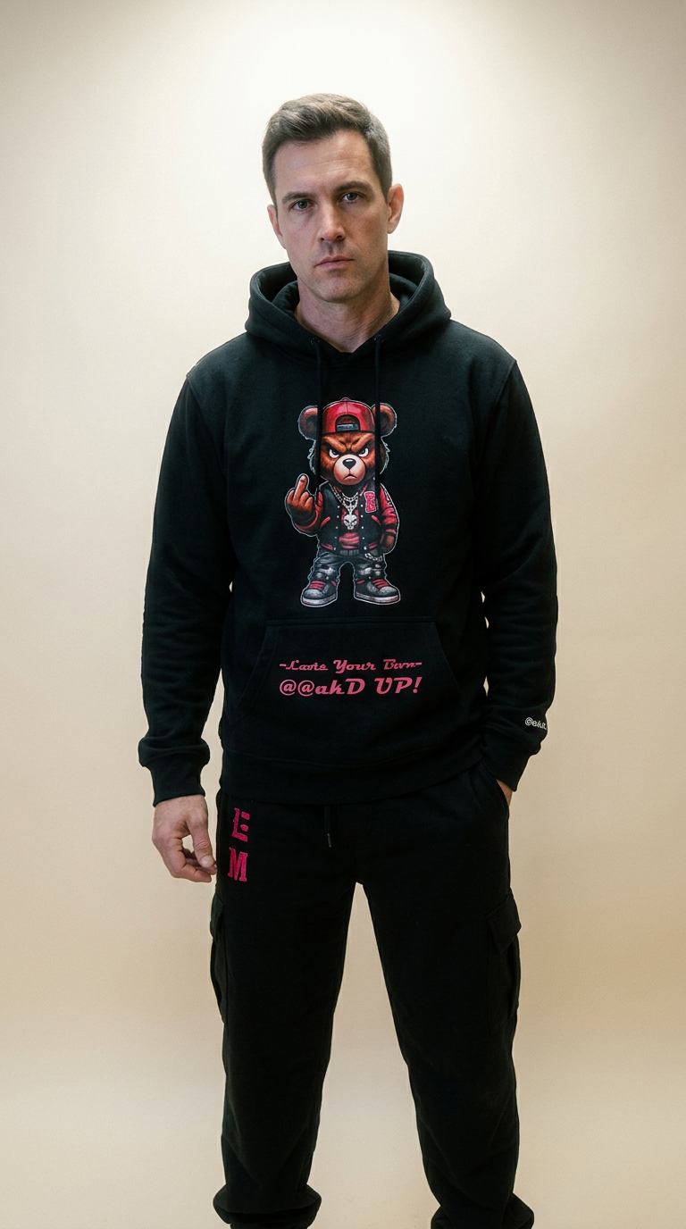 AI product shot of YGM Sweatsuit Red bear