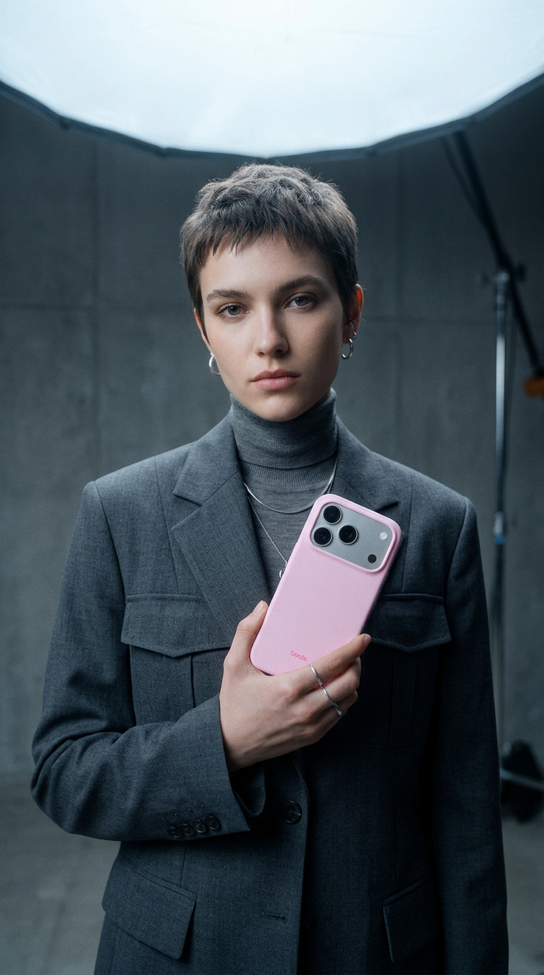 AI product shot of Beats iPhone 17 Pro Case with MagSafe and Camera Control – Pebble Pink