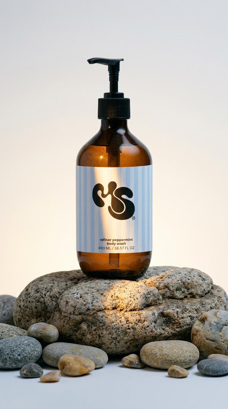 AI product shot of Refiner peppermint & dark cedar body wash
