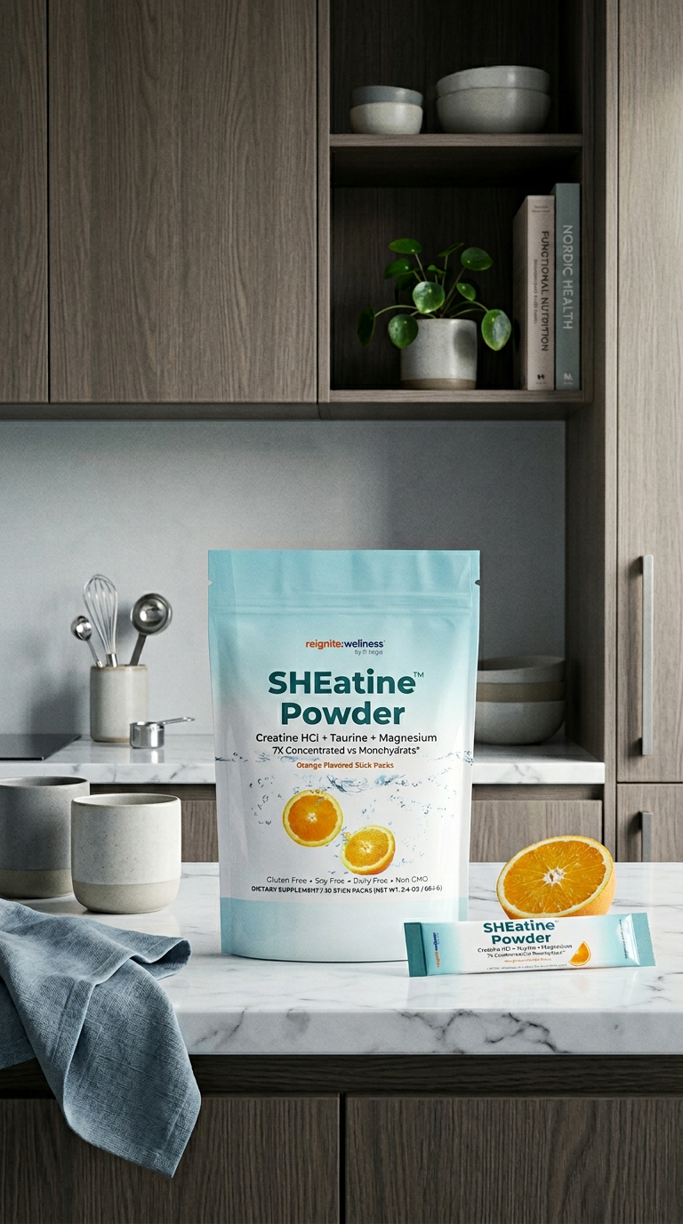 AI product shot of SHEatine™ Powder - Orange Flavored Stick Packs (30ct)