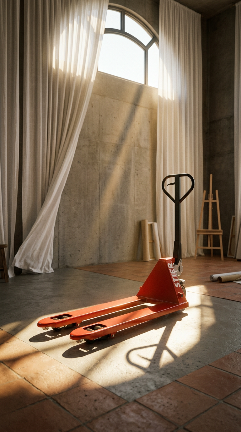 AI product shot of STIER Gabelhubwagen Tragkraft 2500 kg Gabellänge 1150 mm Gummi-Reifen