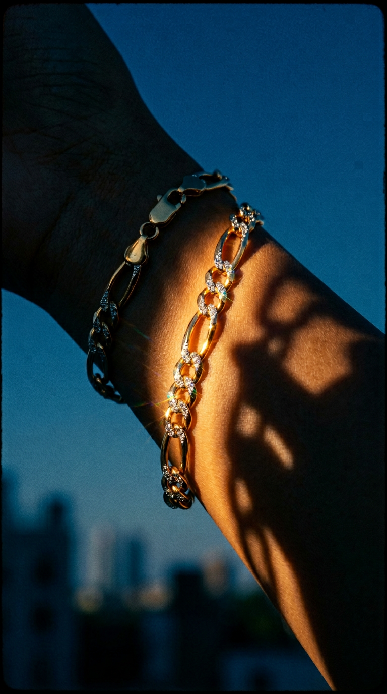 AI product shot of 14K Yellow Two Tone Solid Pave Figaro Bracelet (7.00 mm)