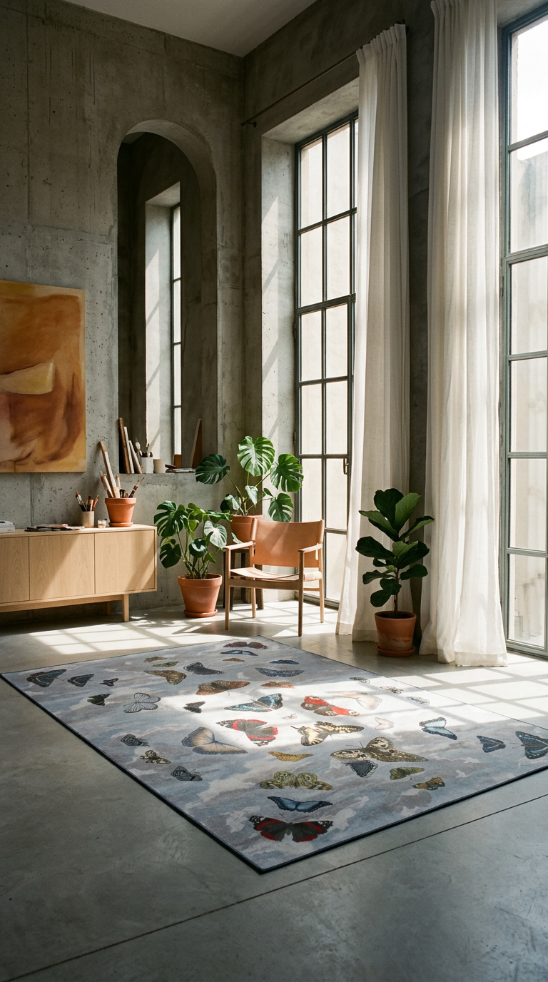 AI product shot of RUG MIRRORED BUTTERFLIES SKY by John Derian