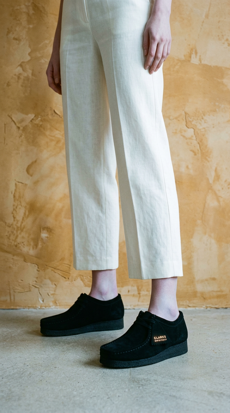 AI product shot of Clarks Originals Wallabee Suede Womens Black Shoes