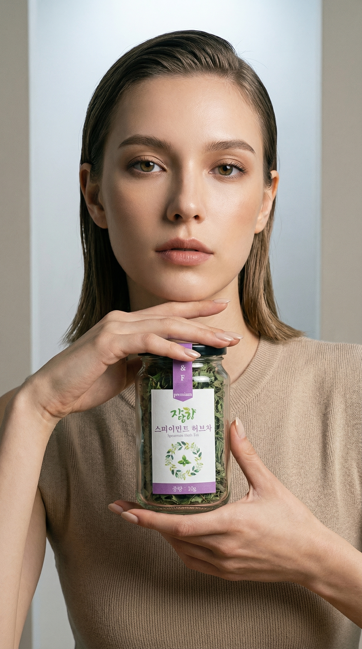 AI product shot of 자담향 친환경 스피아민트 수제 허브 차