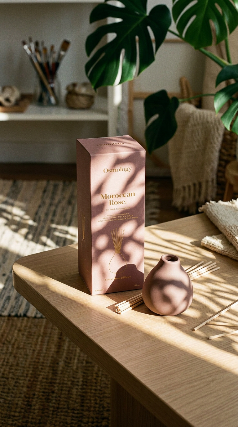 AI product shot of Moroccan Rose Reed Diffuser