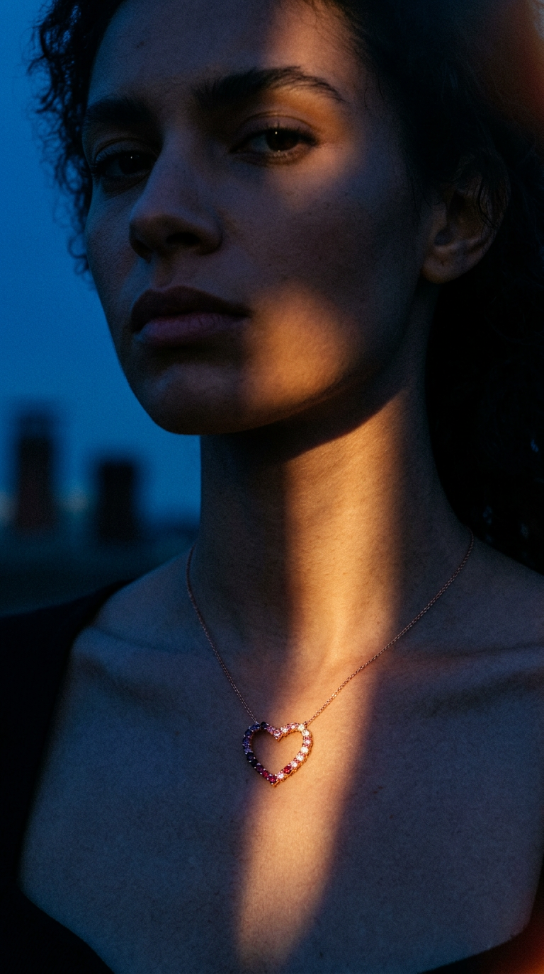 AI product shot of 18K ROSE GOLD DIAMOND, PINK SAPPHIRE AND RUBY PENDANT WITH CHAIN