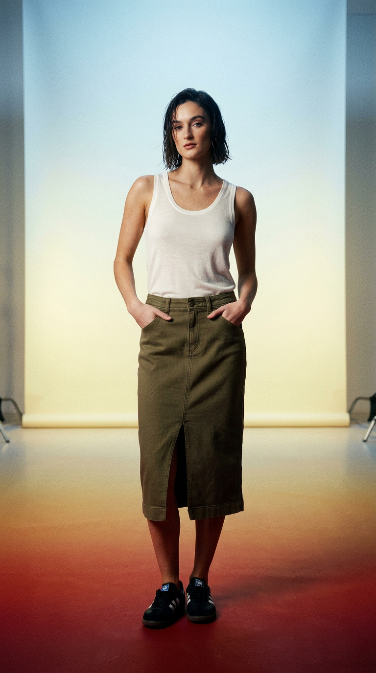 AI product shot of utility skirt burnt olive