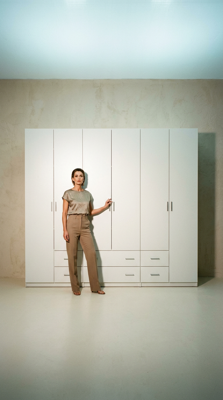 AI product shot of Szafa 6 drzwiowa 240x220x57 cm do sypialni garderoba szuflady Biały