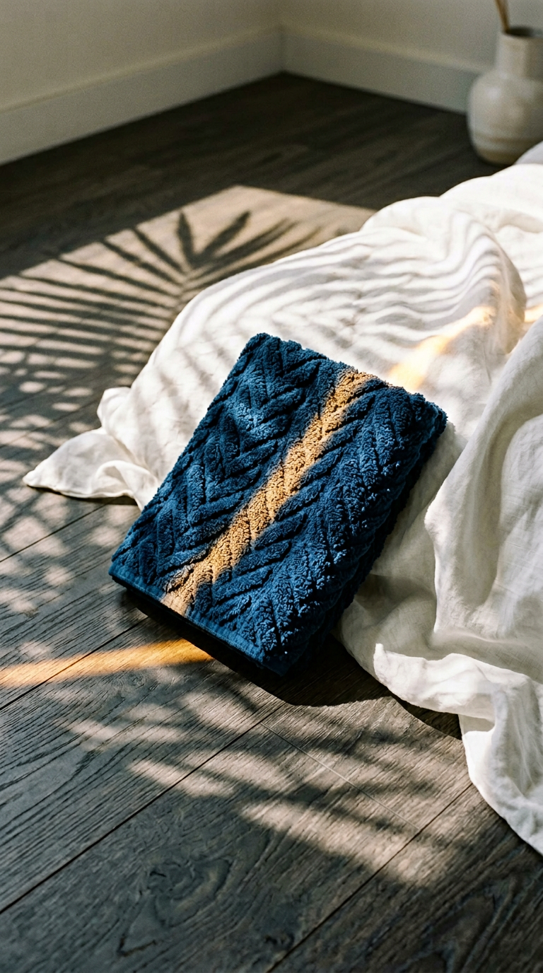 AI product shot of Rune face towel 100% cotton jacquard blue 30 x 50 cm