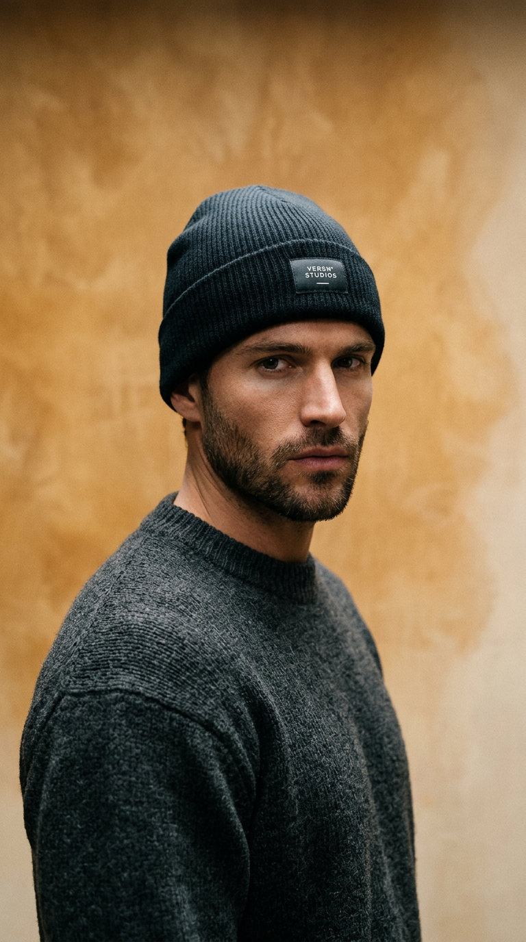AI product shot of VERSN° Merino Cashmere Beanie in Black