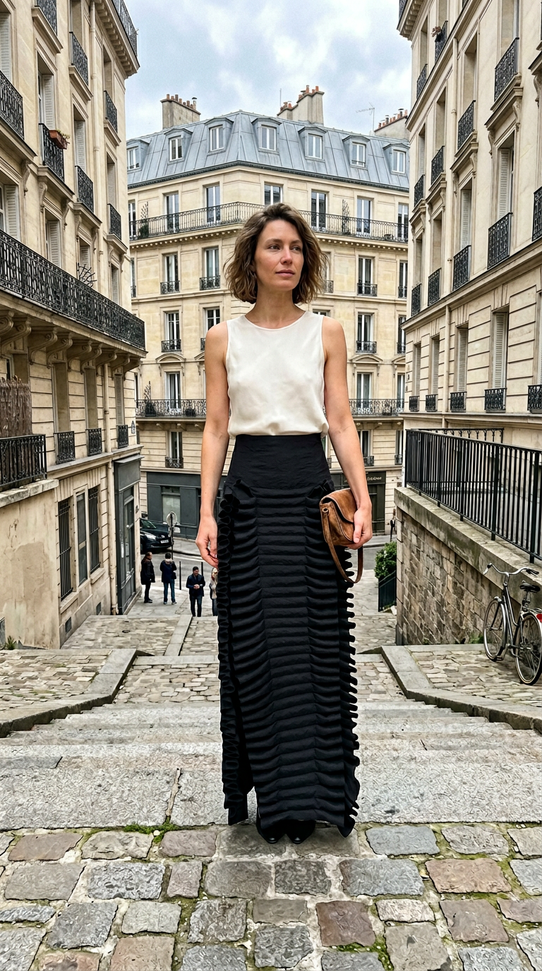 AI product shot of Laminary Ruffle Panel Slit Skirt | Black