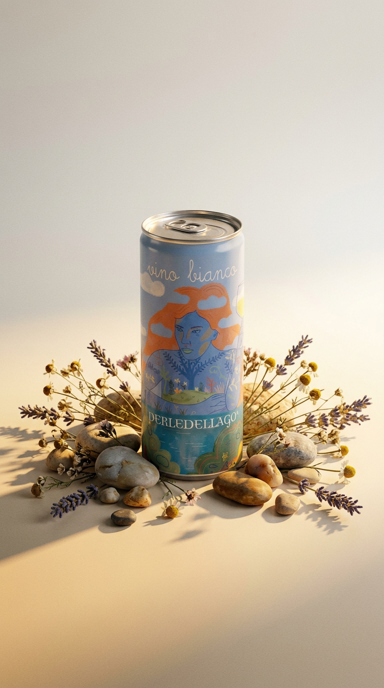 AI product shot of PERLEDELLAGO® Vino bianco - Lattina 250ml