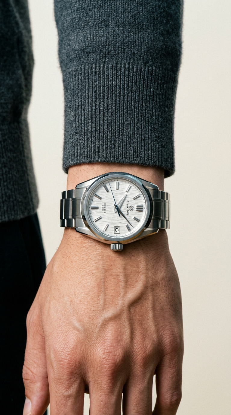 AI product shot of Grand Seiko Heritage Collection White Dial "Snowflake" SBGA211