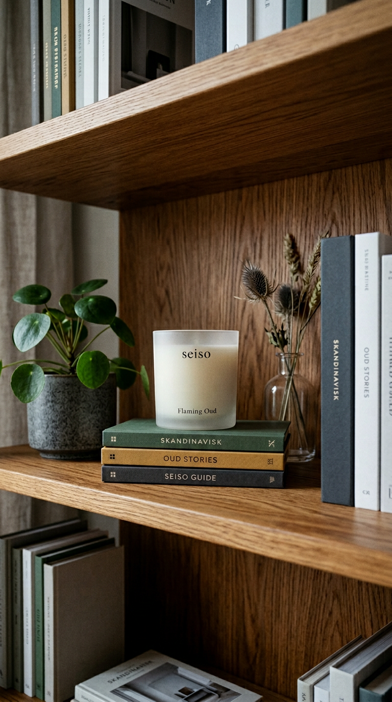 AI product shot of Flaming Oud Scented Candle