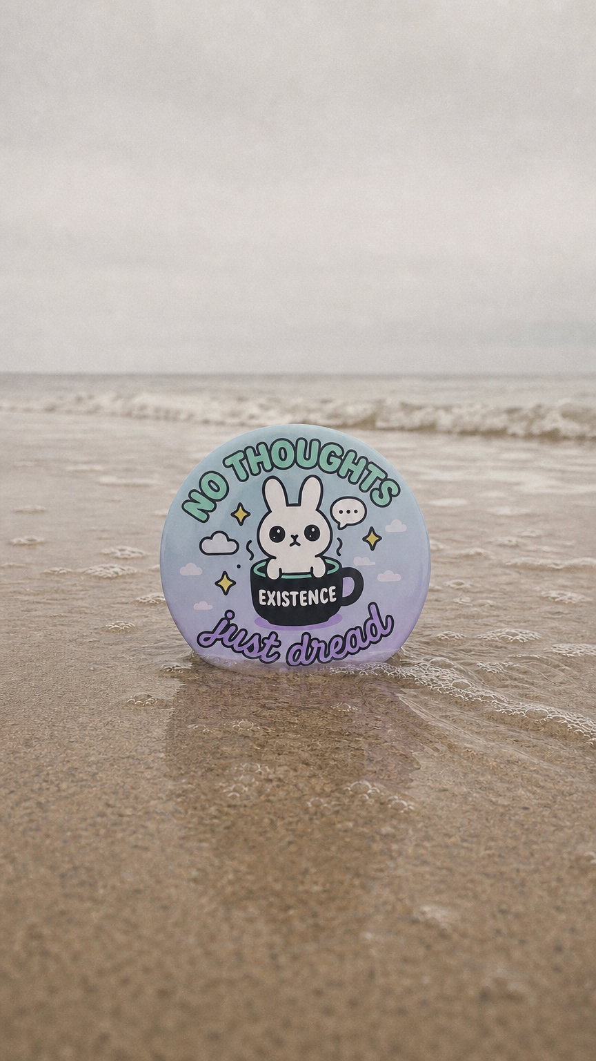 AI product shot of “No Toughts Just Dread” – Pin Badge, Magnet or Sticker for Neurospicy Weirdos