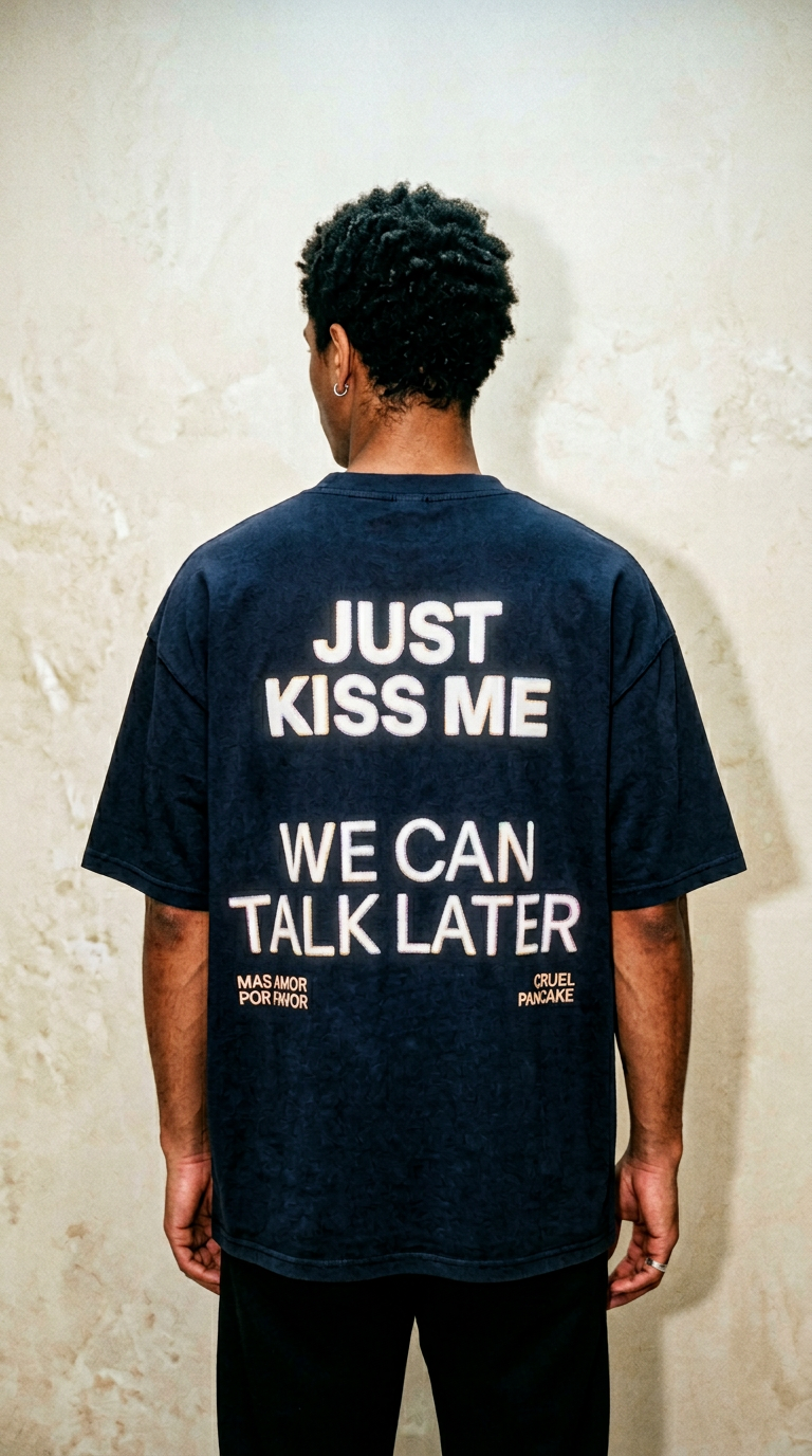 AI product shot of T-shirt Kiss Me gris