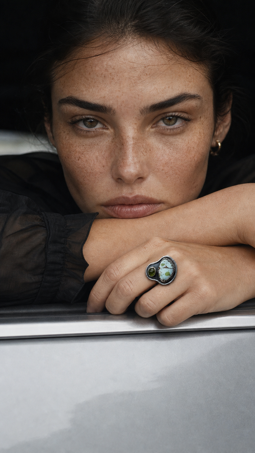 AI product shot of Handmade Turquoise and Peridot Sterling Silver Ring - Size 7.5
