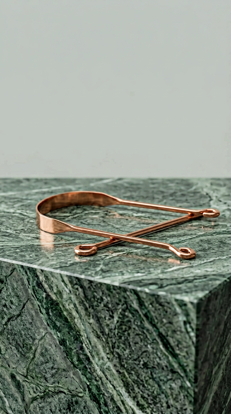 AI product shot of Cooper Tongue Scraper with Custom Organic Cotton Pouch