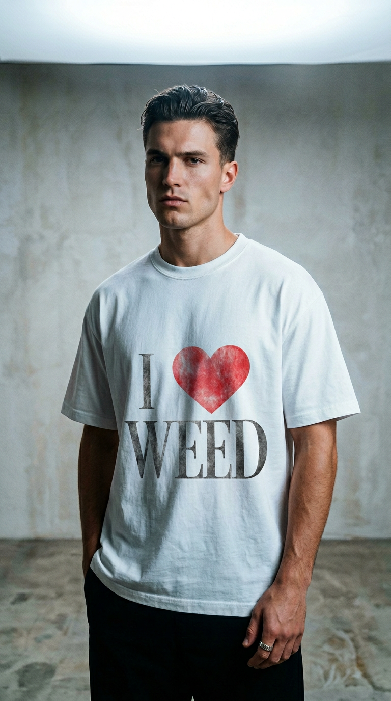 AI product shot of I ♥ WEED Oversize T-Shirt — Vintage Love Weed Tee