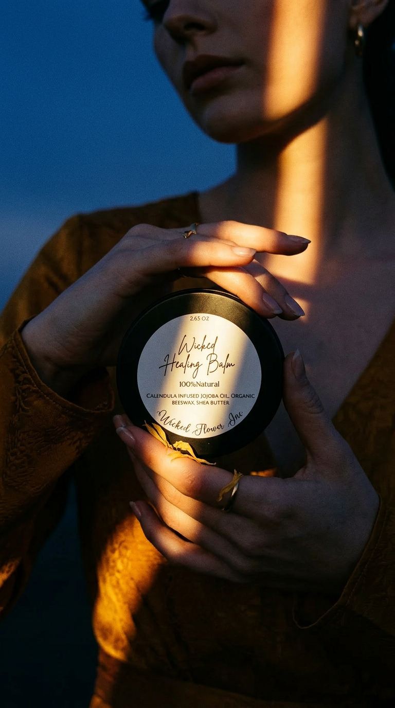 AI product shot of Wicked Healing Balm/Infused with Calendula/Repair damaged skin/Reduce redness & bruising.