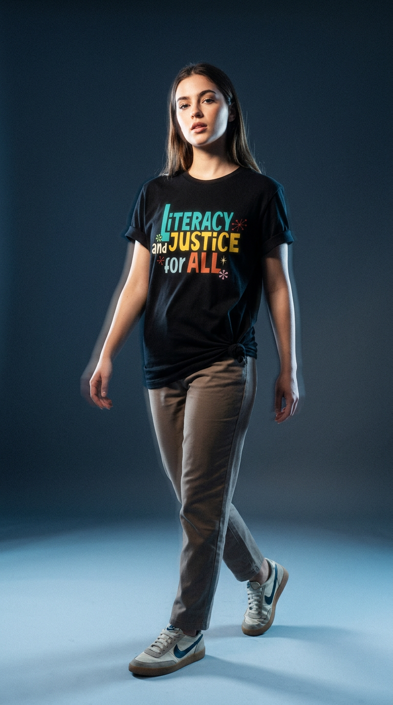 AI product shot of Literacy and Justice for All Tee – Statement Shirt for Readers
