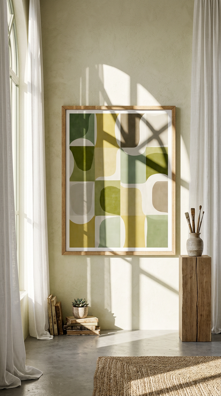 AI product shot of Soft Green Abstract Wall Art – Mid-Century Modern Framed Canvas