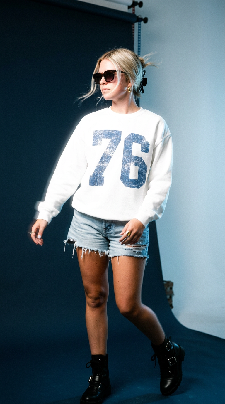 AI product shot of 76 Varsity Crewneck Sweatshirt