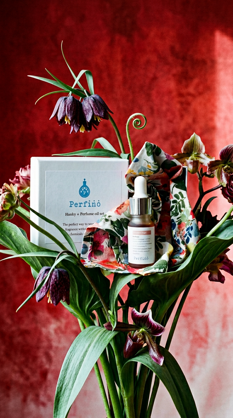 AI product shot of Perfino handkerchief + oil set