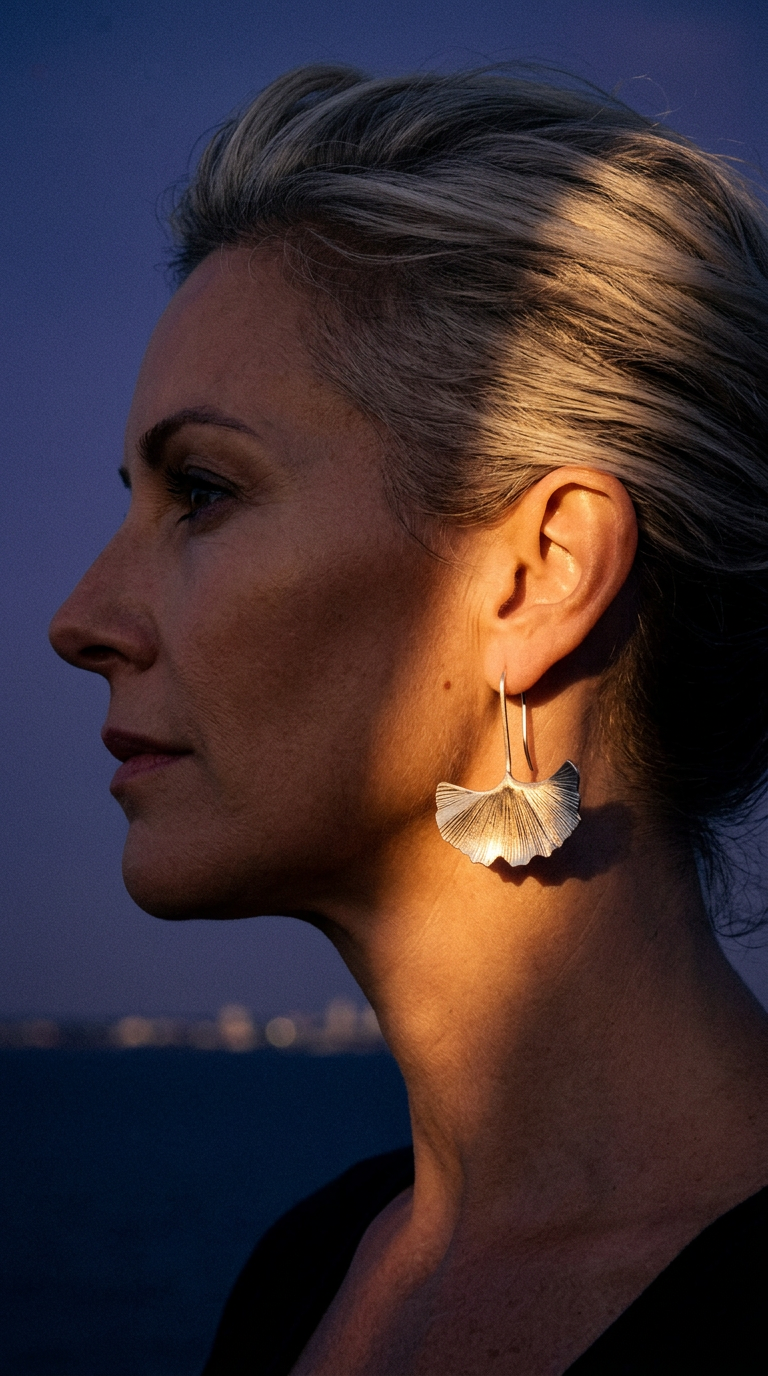 AI product shot of Silver Gingko Leaf Earrings