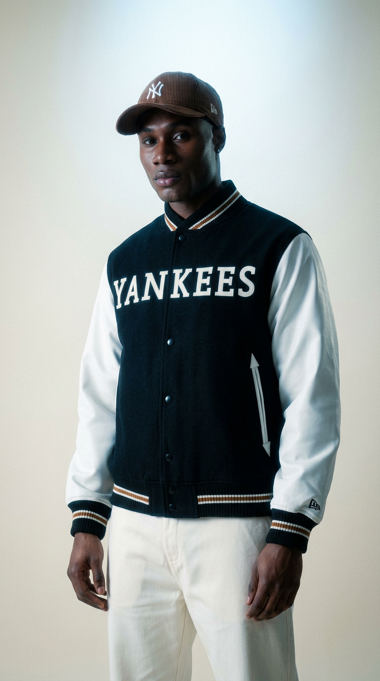 AI product shot of New York Yankees MLB Wordmark Black Varsity Jacket