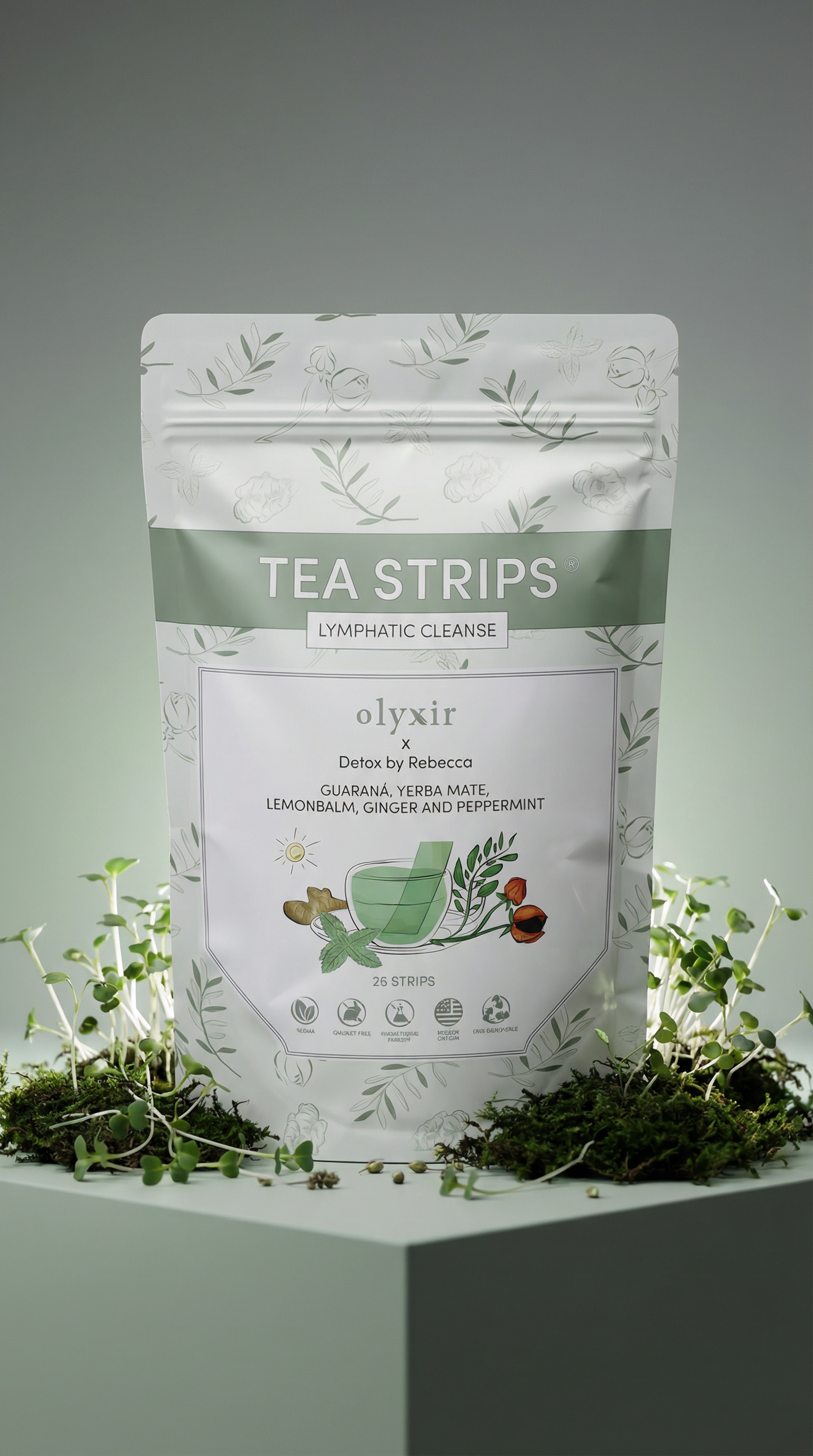AI product shot of Lymphatic Cleanse Tea Strips AM | Guarana | 25 Servings
