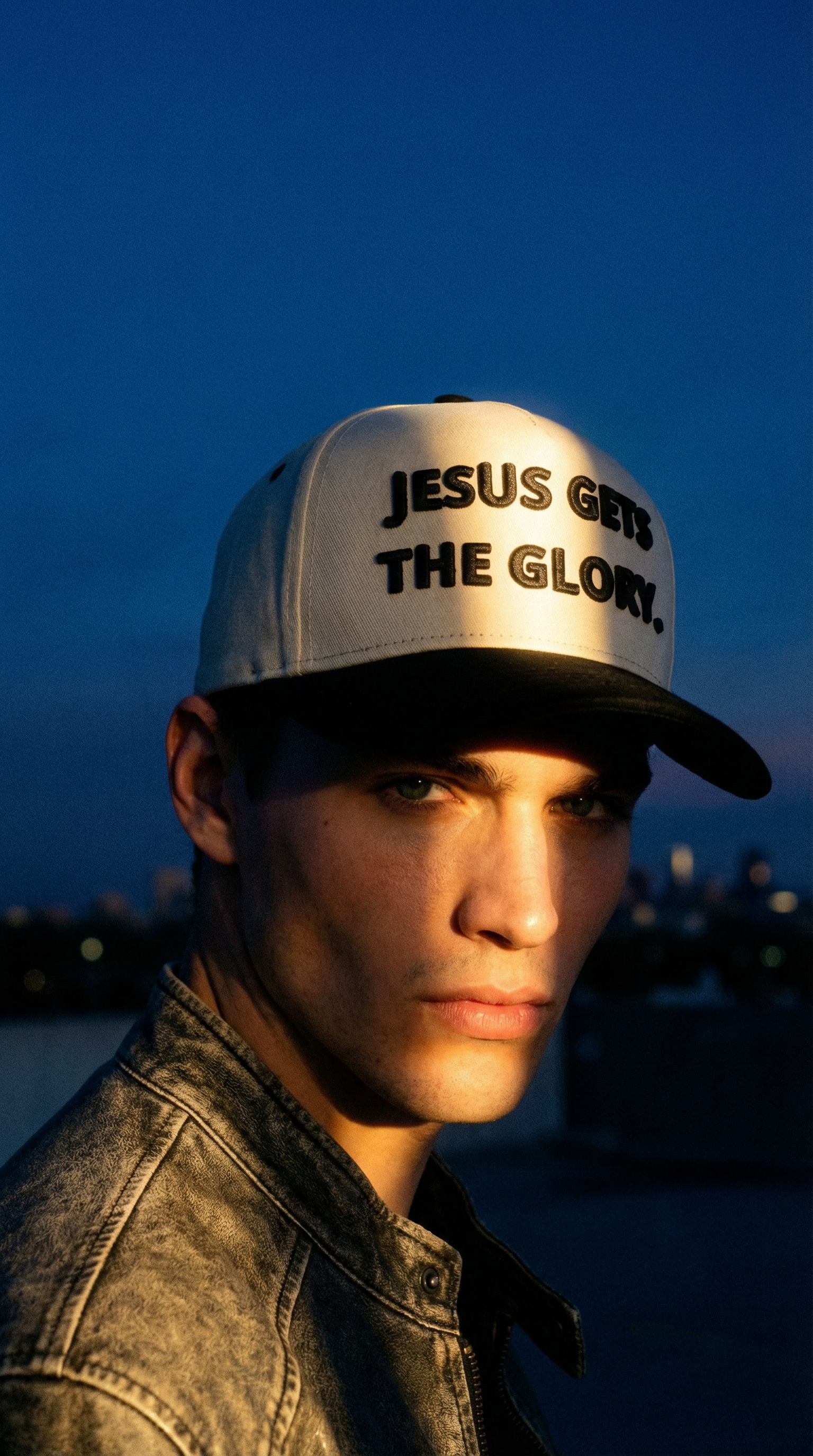AI product shot of Jesus Gets The Glory Hat ‘Black Suede’