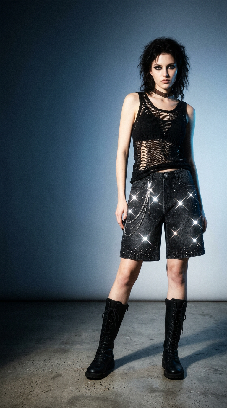 AI product shot of Galaxy Rhinestone Denim Shorts (Black Wash) — Chain Edition