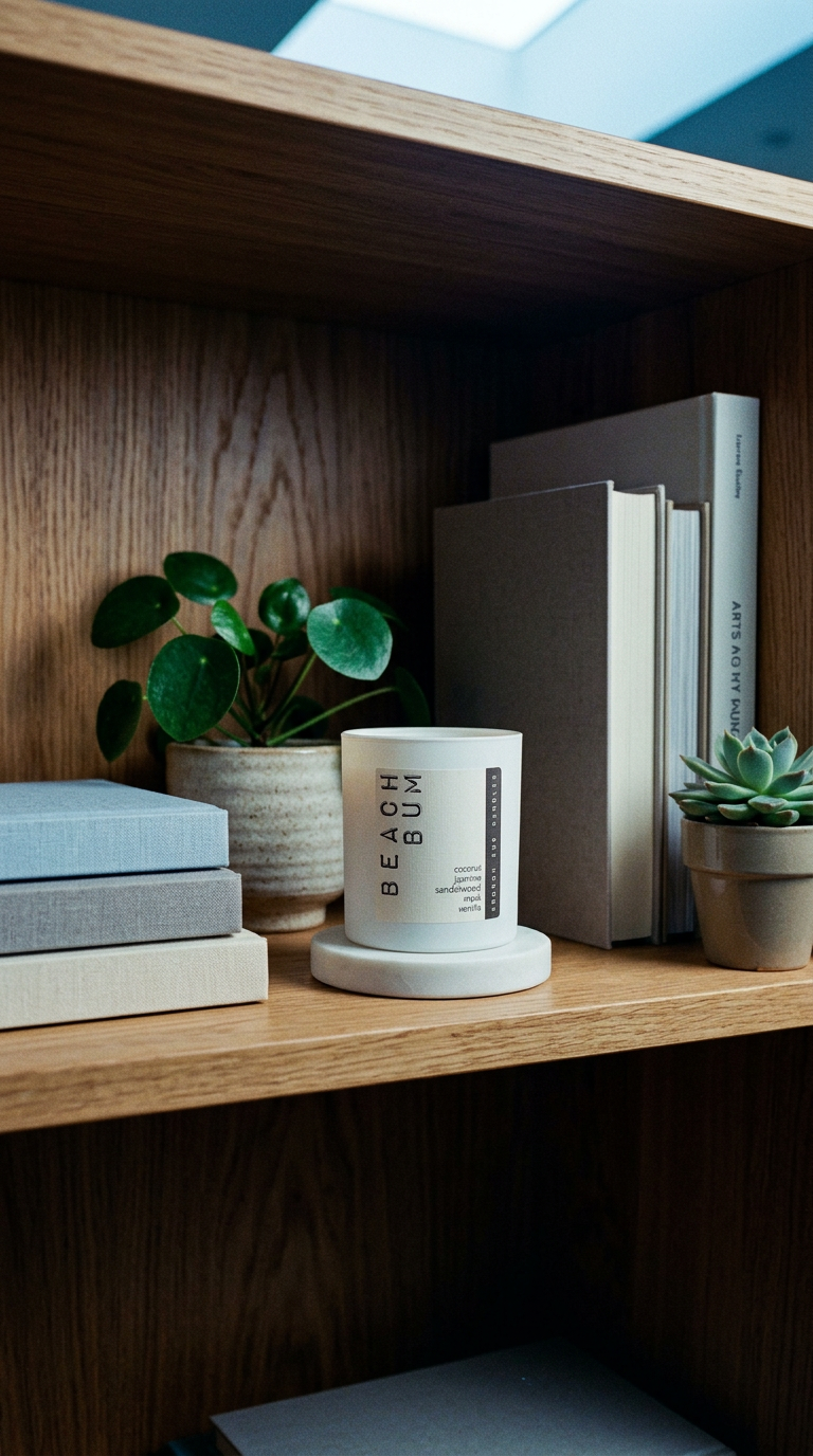AI product shot of BEACH-BUM sun-drenched coconut & sandalwood candle