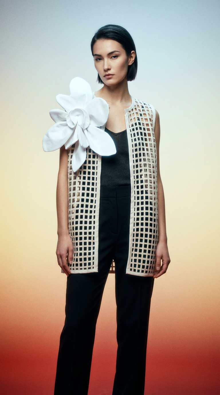 AI product shot of Kenten Vest w/ Floral Brooch