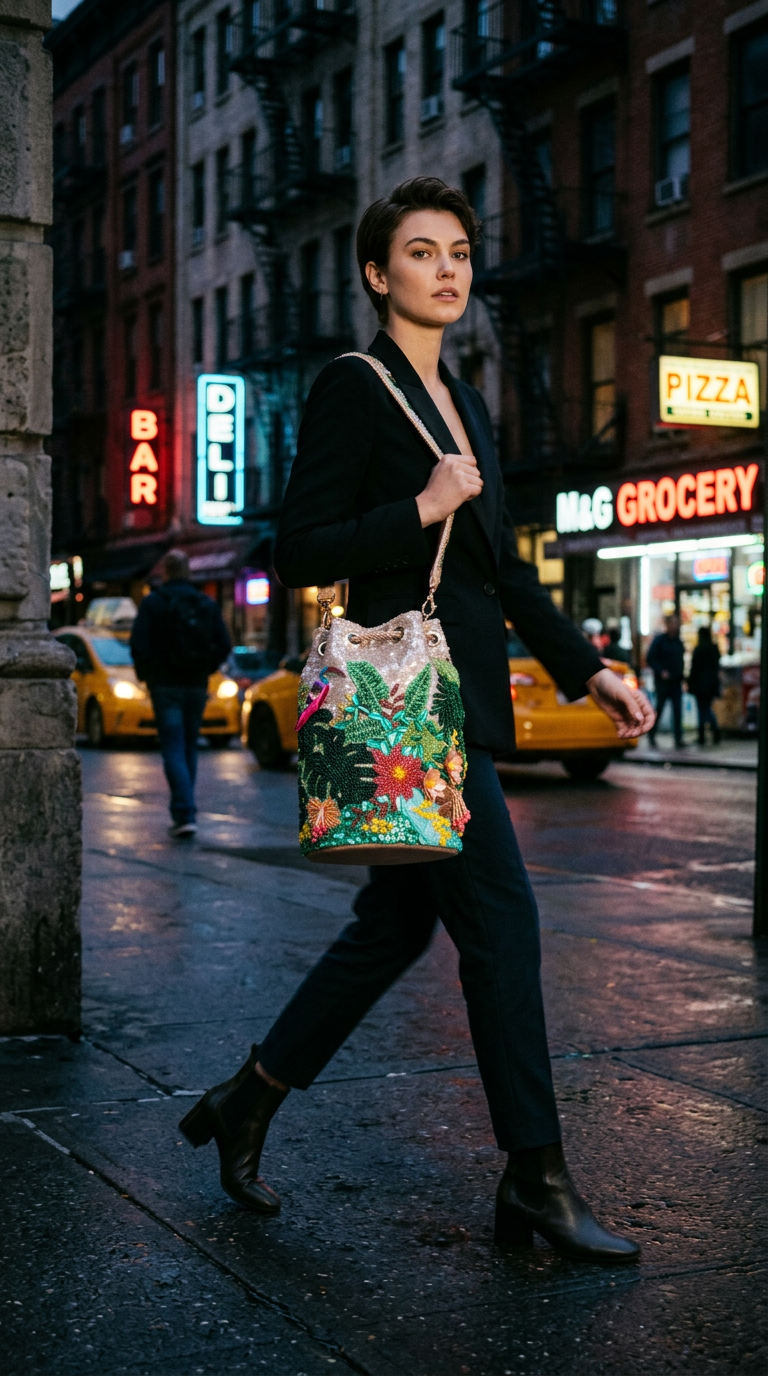 AI product shot of Tropical Forest Bucket Bag