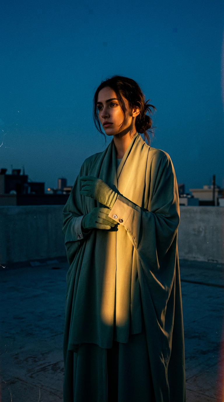 AI product shot of Bisht Abaya Naila with Snap Buttons - Mint