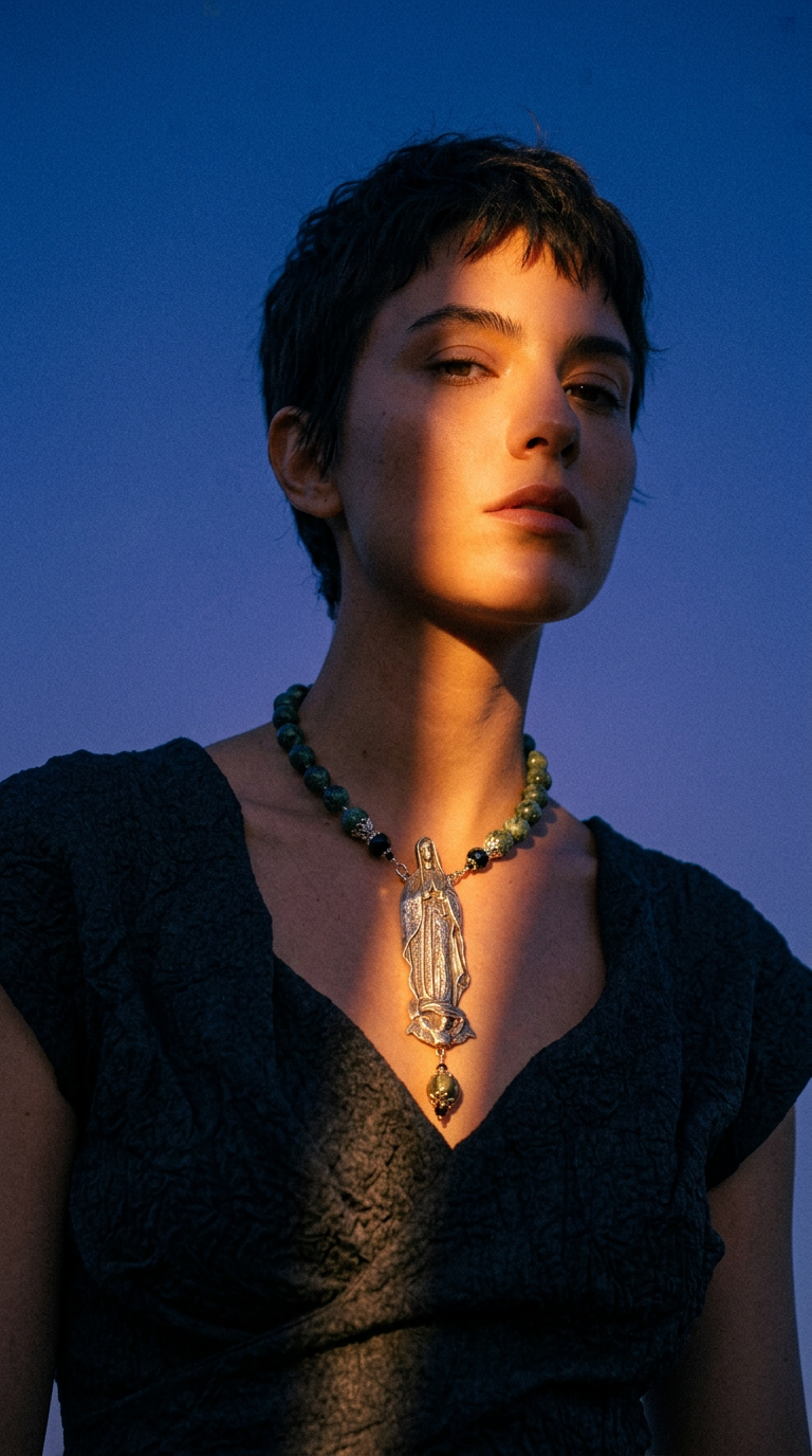 AI product shot of Seraphinite Our Lady of Guadalupe Necklace