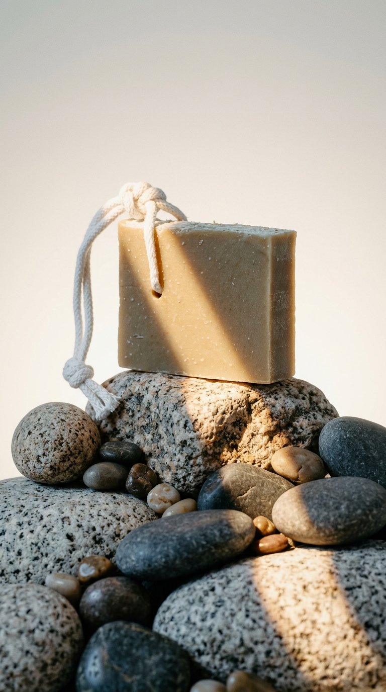 AI product shot of Trawa Cytrynowa z Glinką Zieloną, Spiruliną i Miodem - mydło naturalne na sznurku