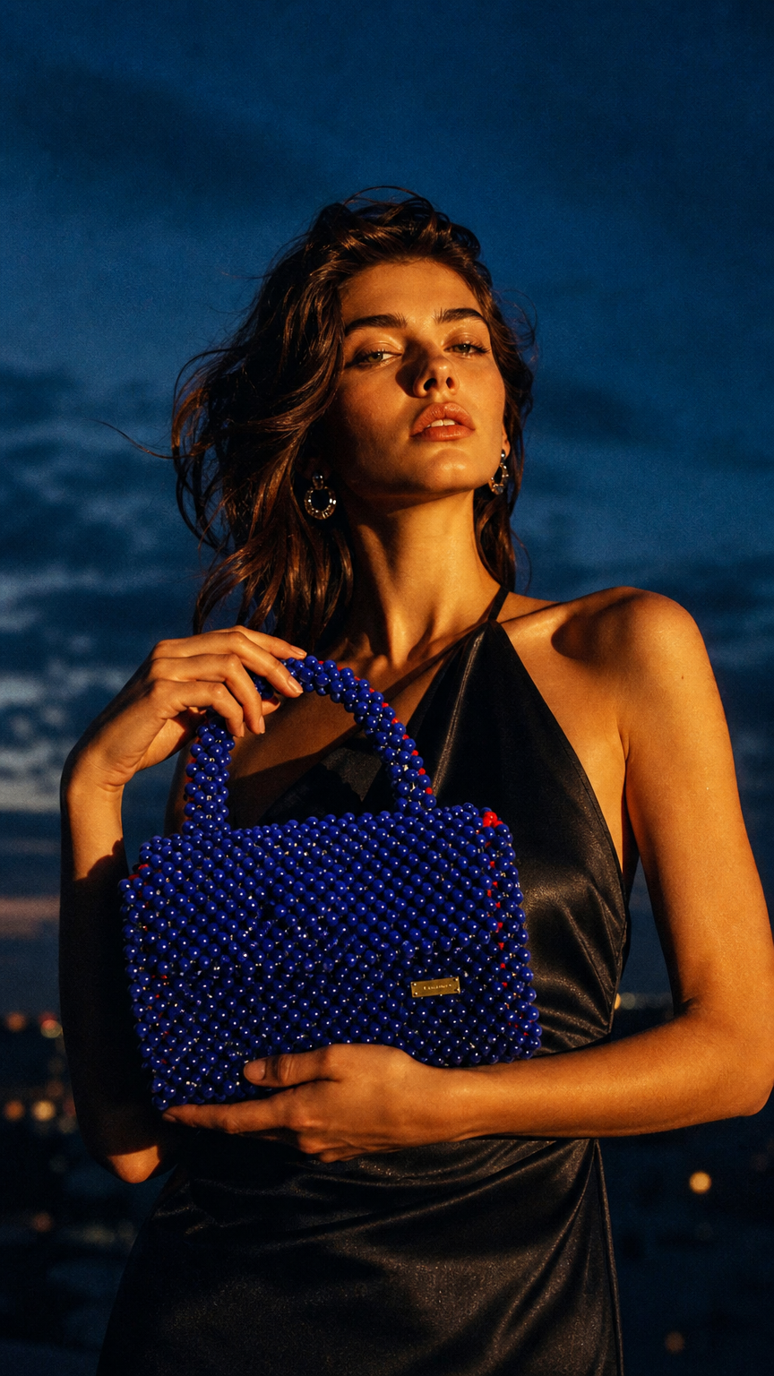 AI product shot of Faux pearls handbag