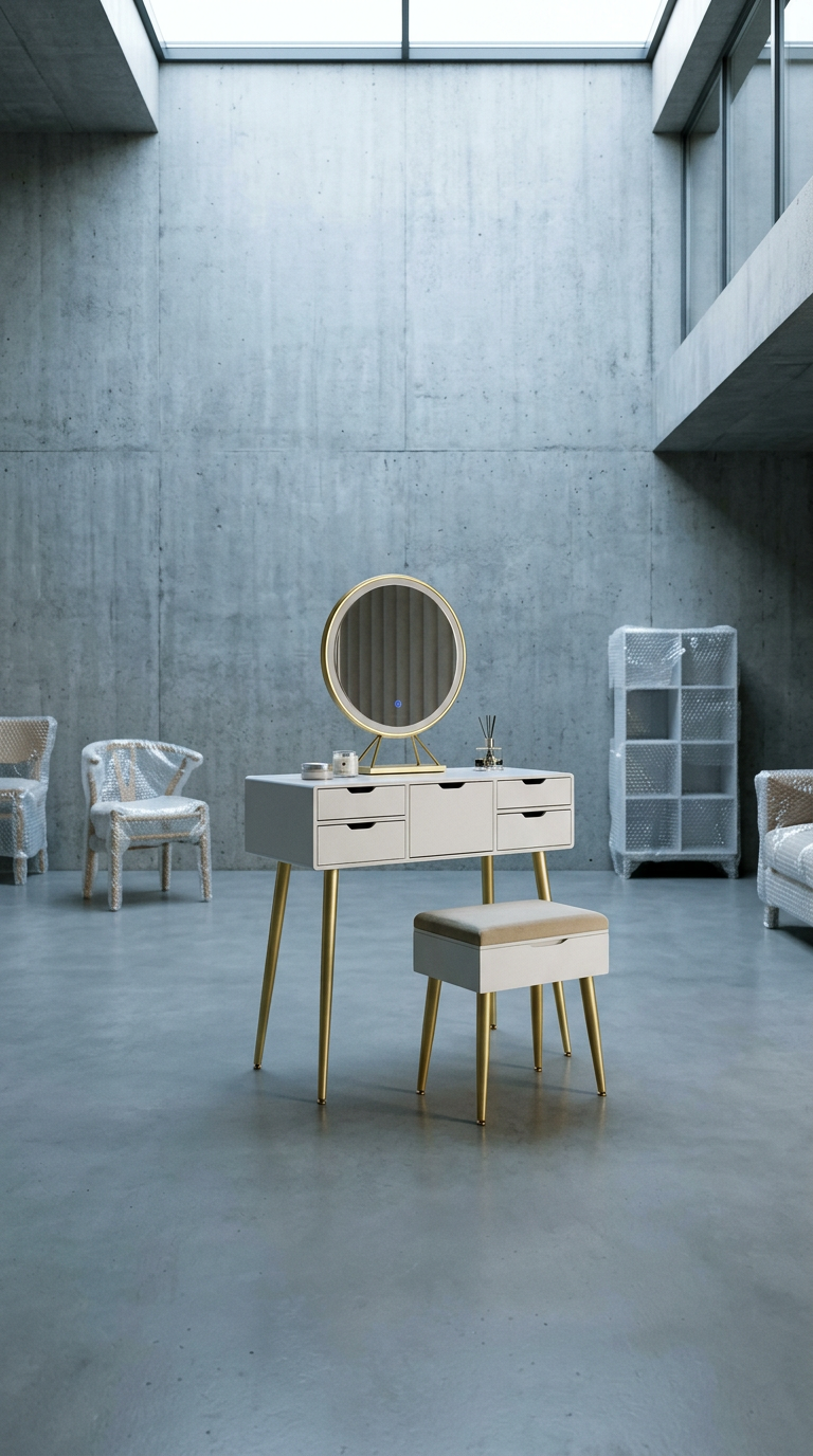 AI product shot of Gabriella White Dressing Table with Touch Sensor LED Mirror