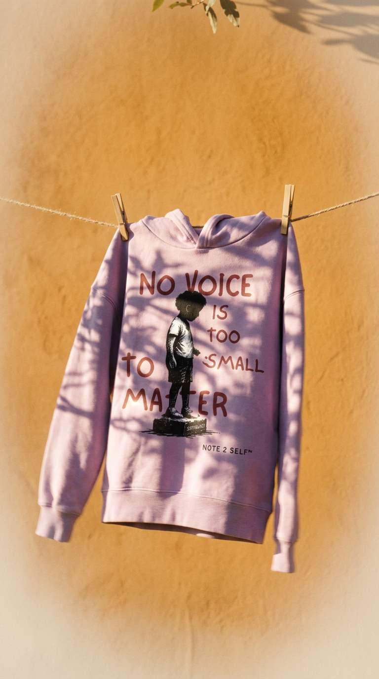 AI product shot of “No Voice Is Too Small” Hoodie – Note 2 Self®