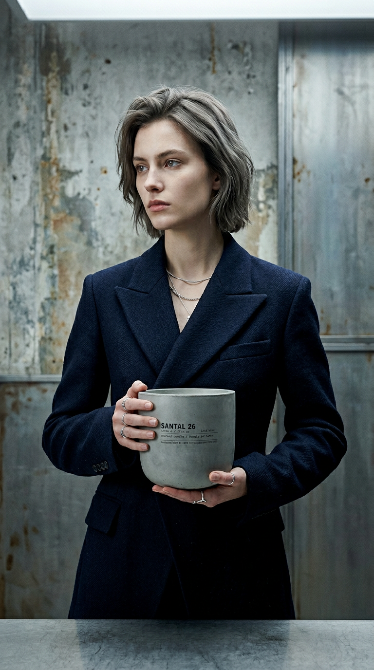 AI product shot of SANTAL 26 large concrete candle
