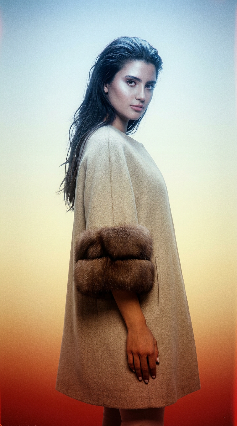 AI product shot of Cashmere coat with Sable fur