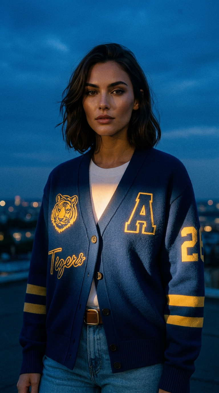 AI product shot of Signature Varsity Knit Cardigan