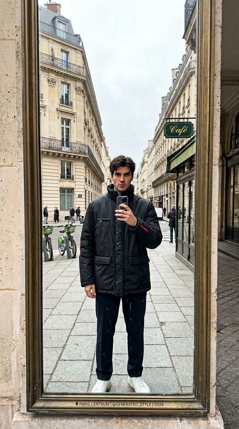 AI product shot of Prada Sport Black Puffer Jacket