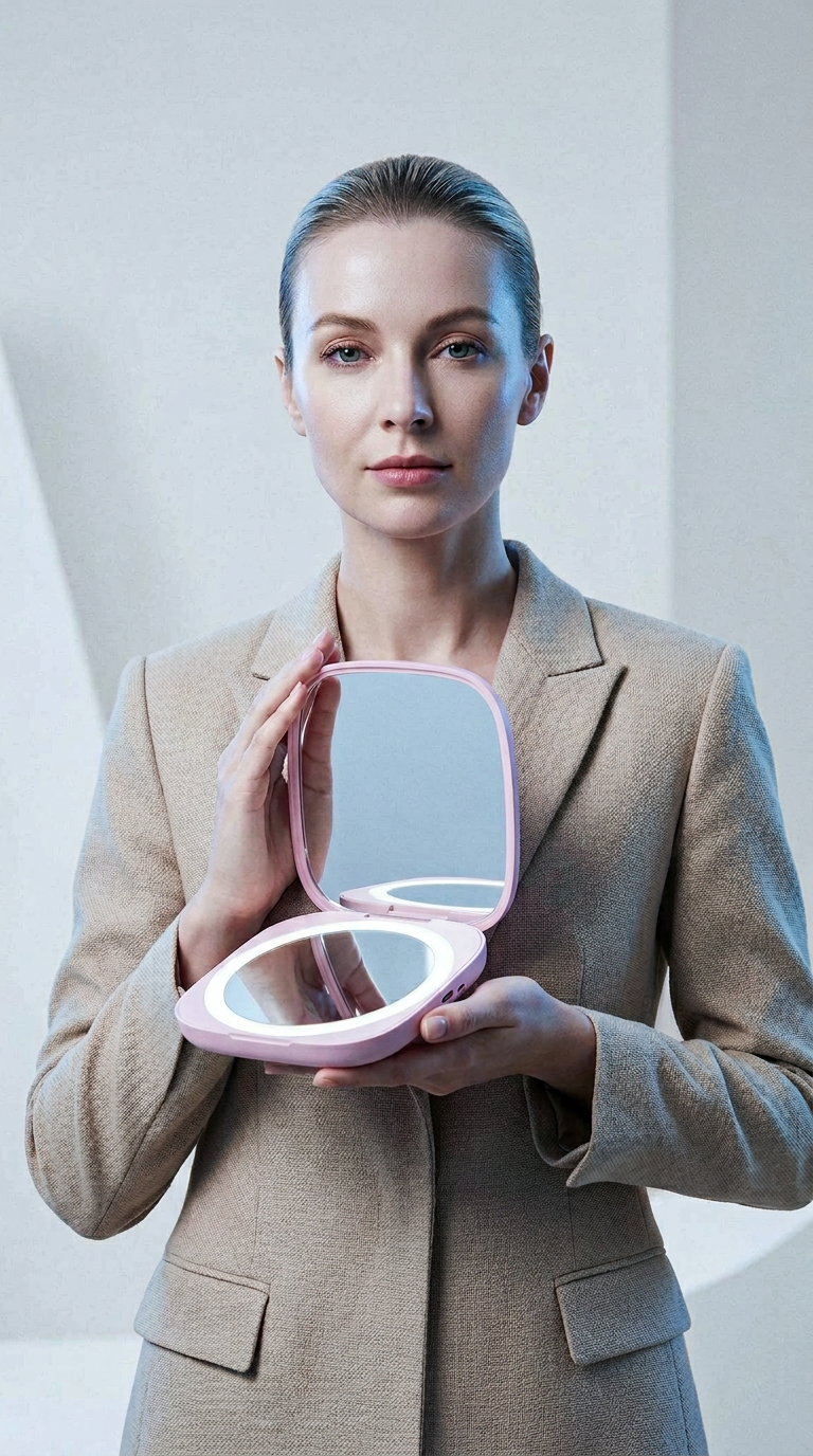 AI product shot of Miroir LED Portable avec Power Bank – Beauté et Recharge Partout