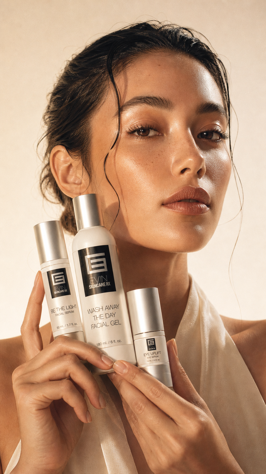 AI product shot of EVIN SKINCARE Trio + Gua Sha Facial Roller